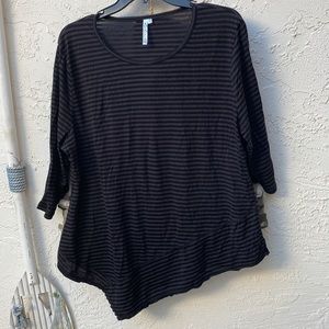 Lulu B xl grey with sheer black stripe.  Cotton/tencel 3/4” Slv.  asymmetric hem